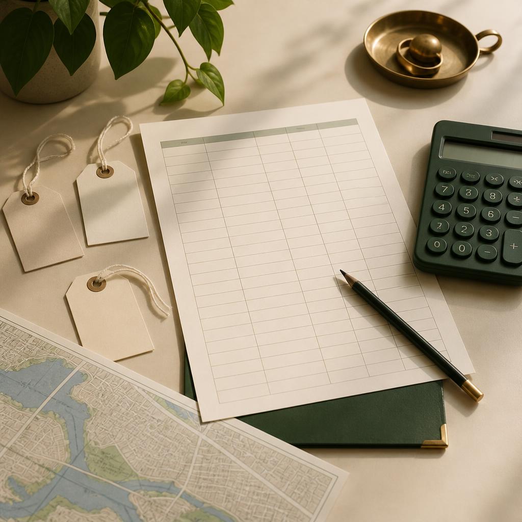 A calculator, blank price-comparison notes and an unmarked Ottawa map on a desk