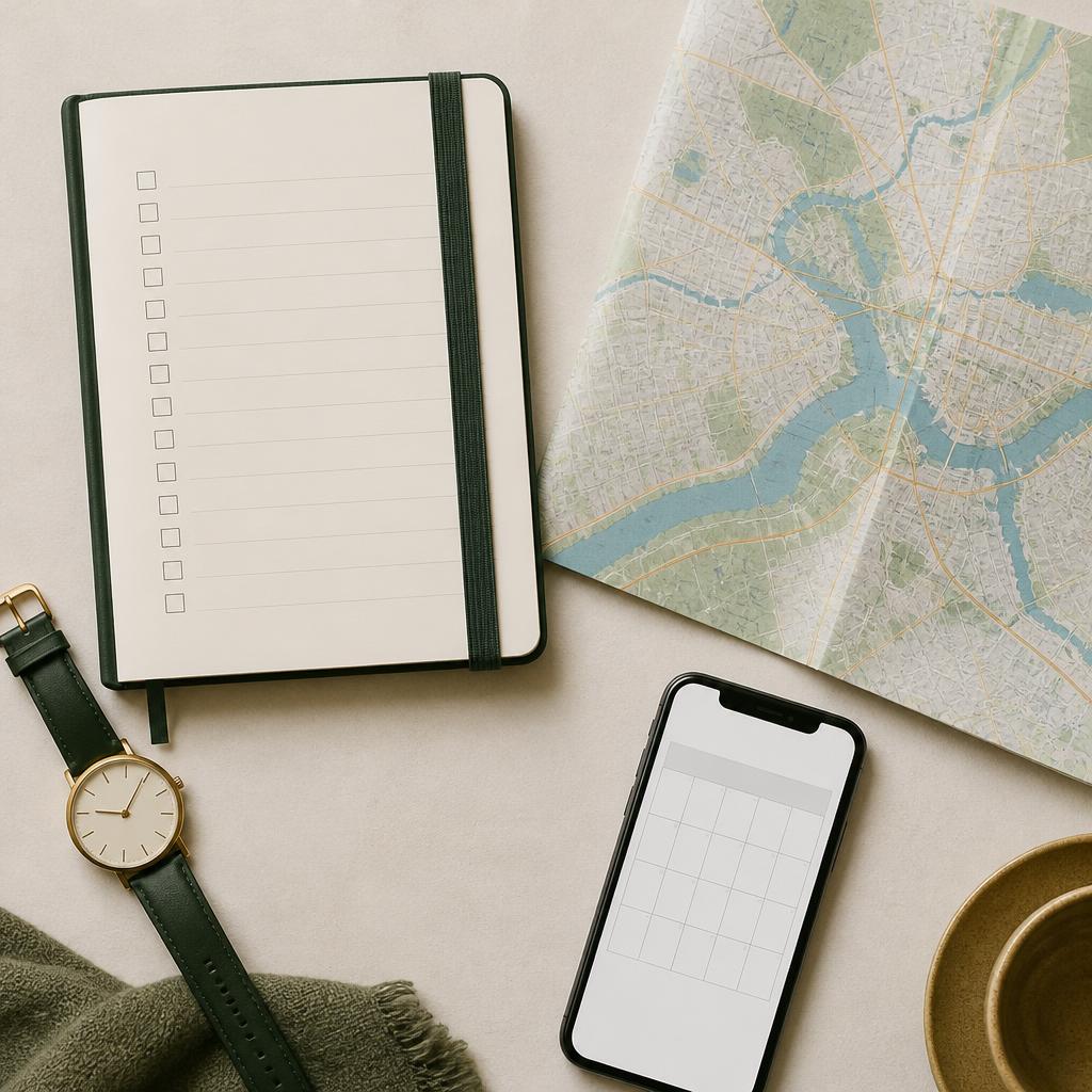 A blank notebook checklist, watch and unmarked Ottawa map for verifying store hours