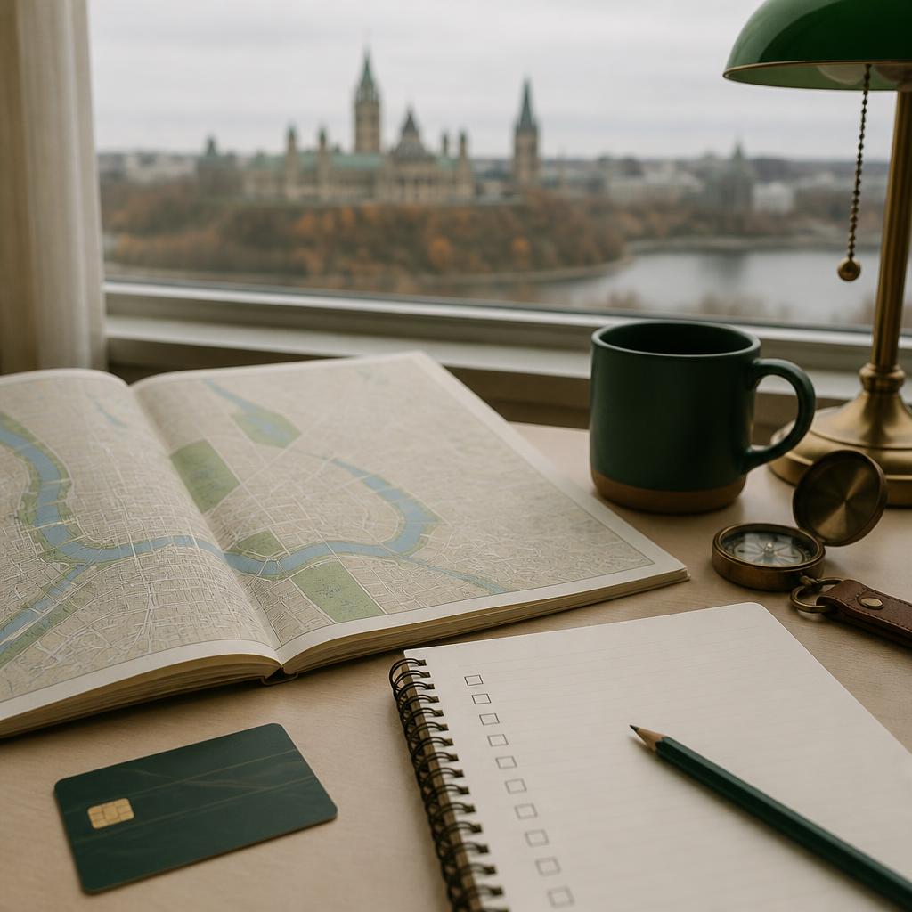 A paper Ottawa map and blank checklist used to plan a store-hours check